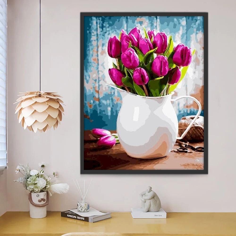 Tulipanes Morados Oscuros en Florero Blanco Pintar por Números