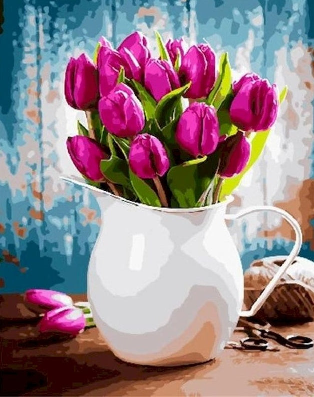 Tulipanes Morados Oscuros en Florero Blanco Pintar por Números