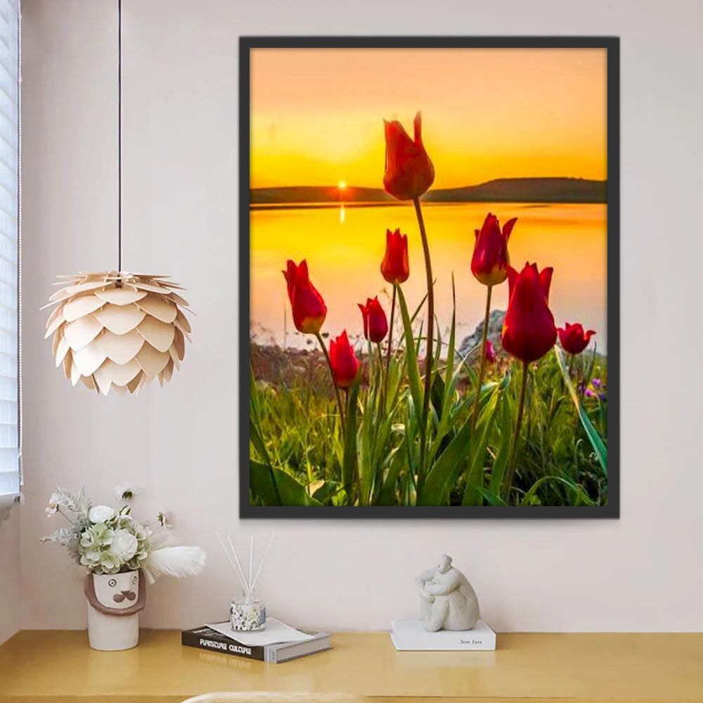 Tulipanes Rojos al Lado de Agua al Atardecer Pintar por Números