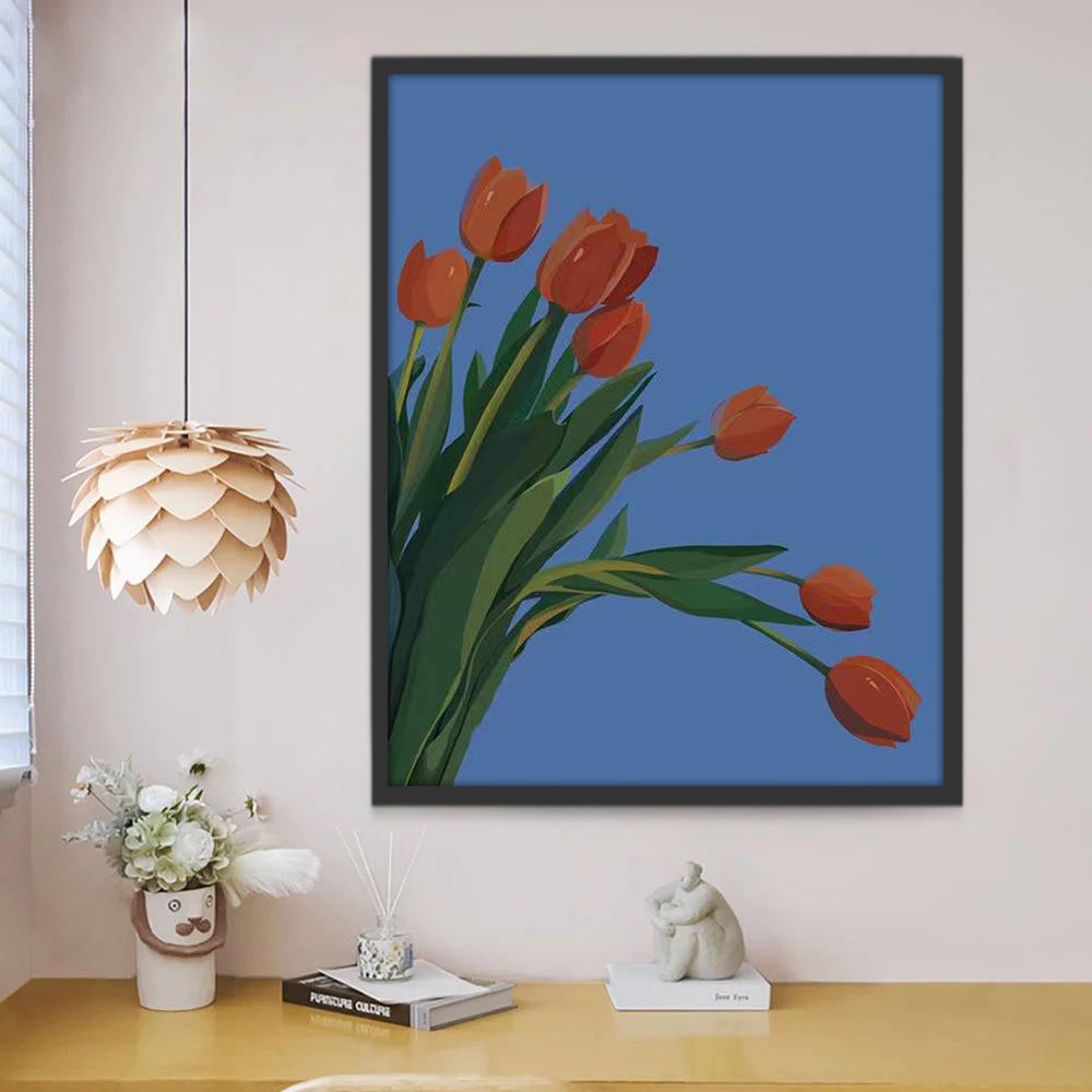 Tulipanes Rojos con Fondo de Color Azul Pintar por Números