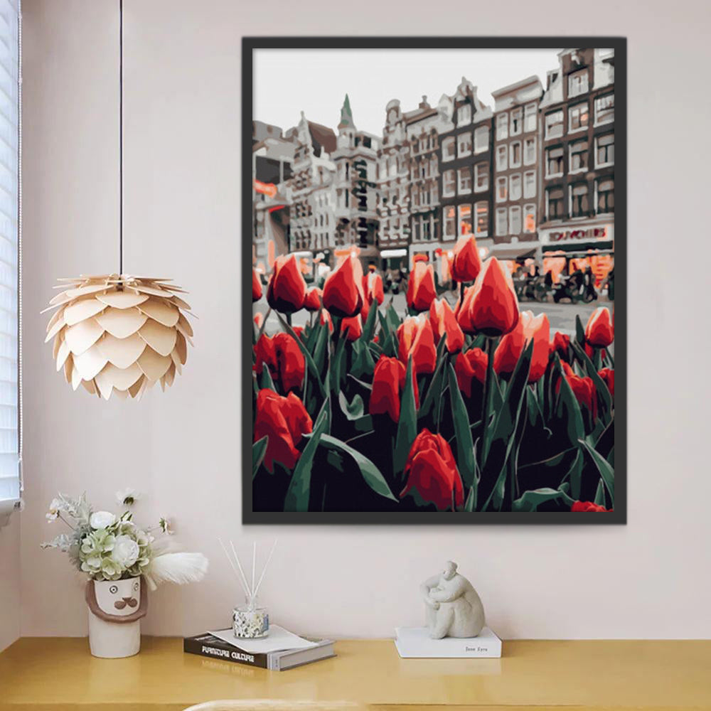 Tulipanes Rojos en Calle de Ciudad Pintar por Números
