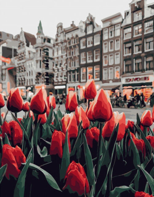 Tulipanes Rojos en Calle de Ciudad Pintar por Números