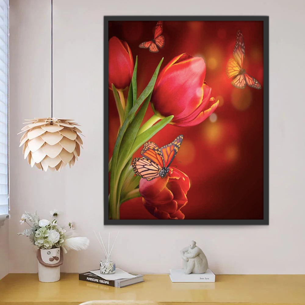 Tulipanes Rojos Rodeados de Mariposas Pintar por Números