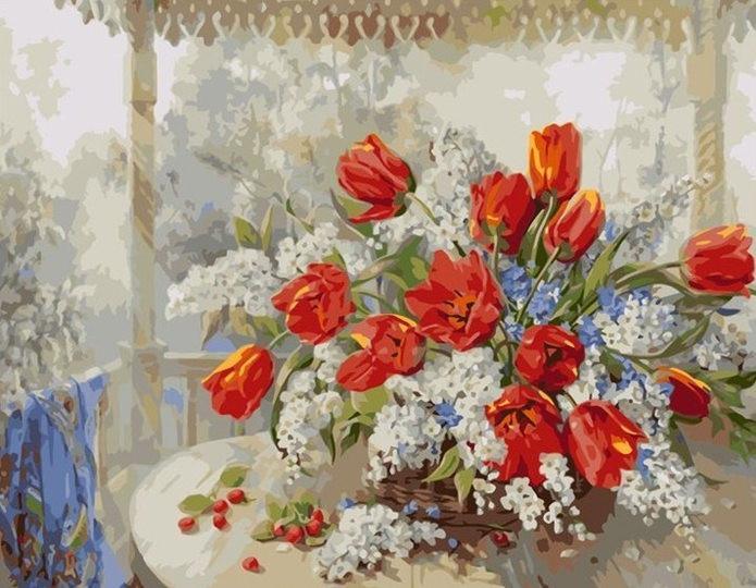 Tulipanes Rojos y Flores Blancas sobre Mesa Redonda de Jardín Pintar por Números