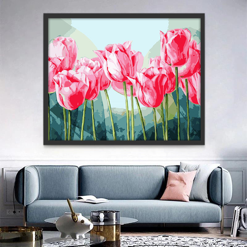 Tulipanes Rosados con Fondo de Color Verde Claro y Oscuro Pintar por Números