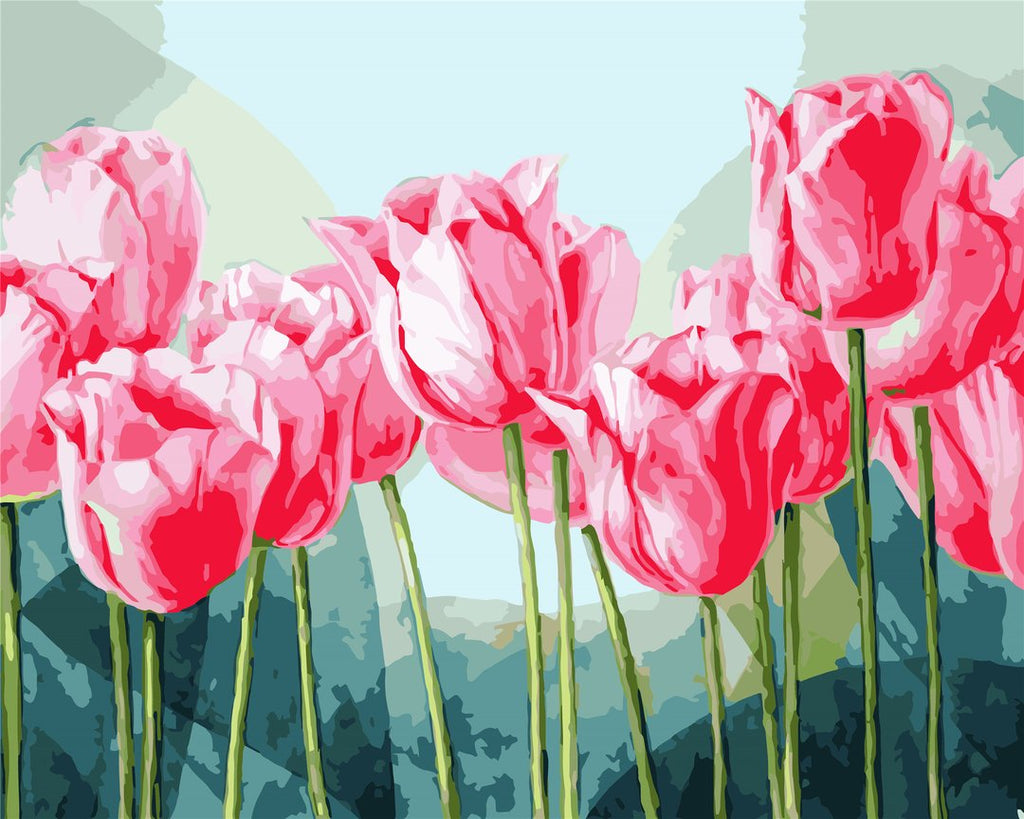 Tulipanes Rosados con Fondo de Color Verde Claro y Oscuro Pintar por Números