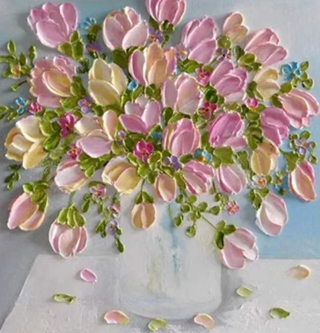 Tulipanes Rosados en Florero y Pétalos sobre Mesa Pintar por Números