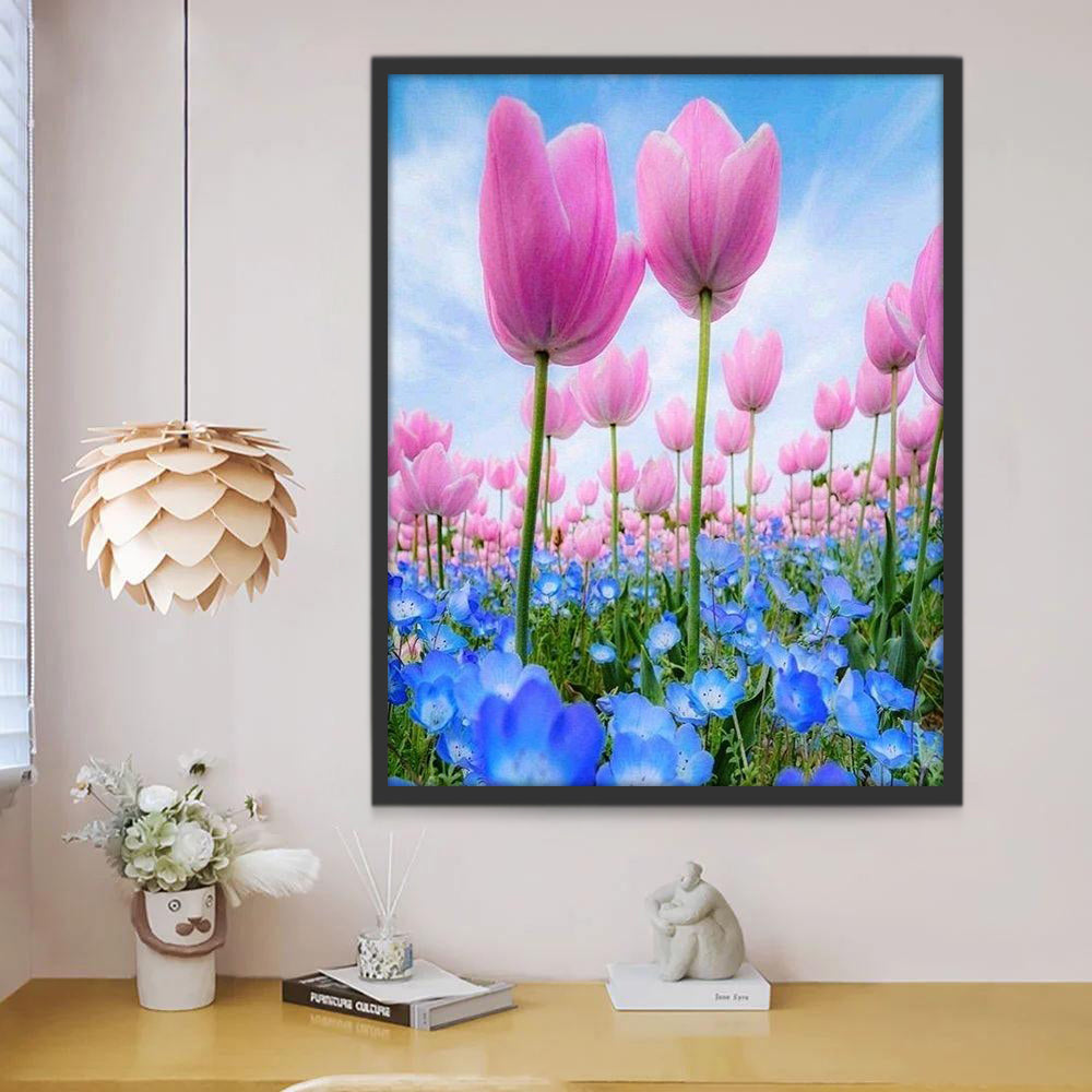 Tulipanes Rosados y Flor Verónica Pérsica Pintar por Números