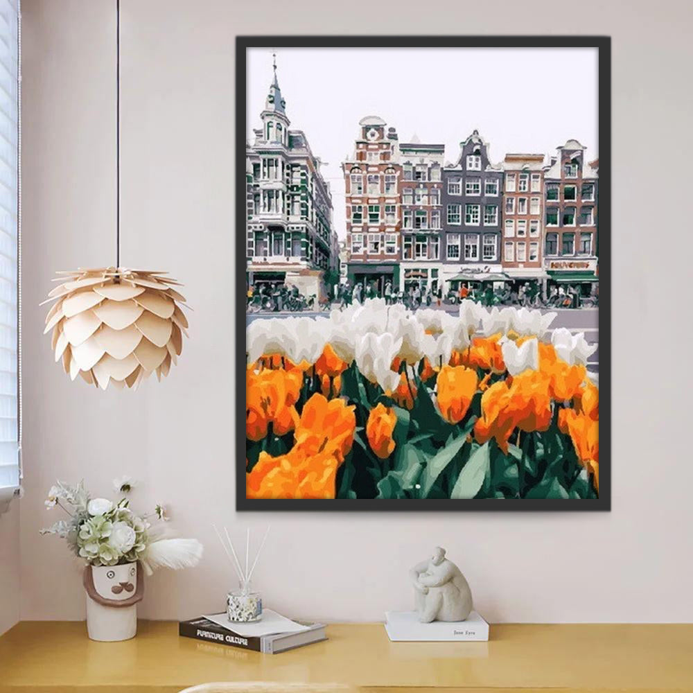 Tulipanes y Fila de Casas Coloridas Pintar por Números
