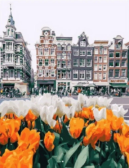Tulipanes y Fila de Casas Coloridas Pintar por Números