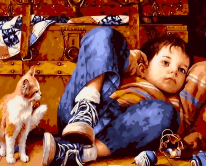 Un Gatito Mirando el Niño Pintar por Números Niños
