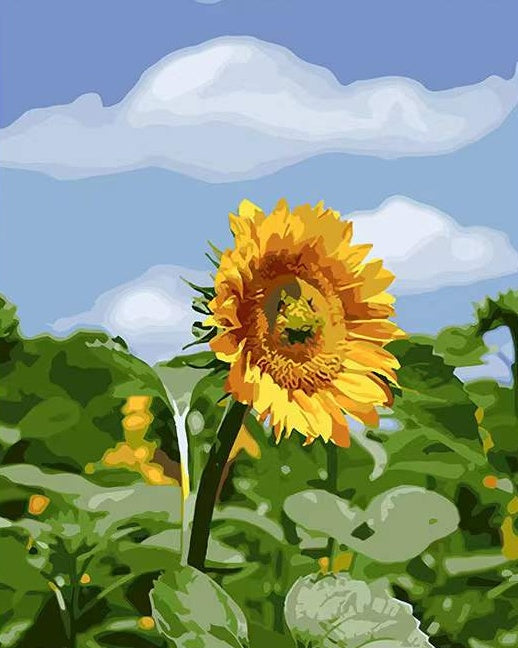 Un Girasol sobre Hojas Verdes con Fondo de Cielo Azul Pintar por Números