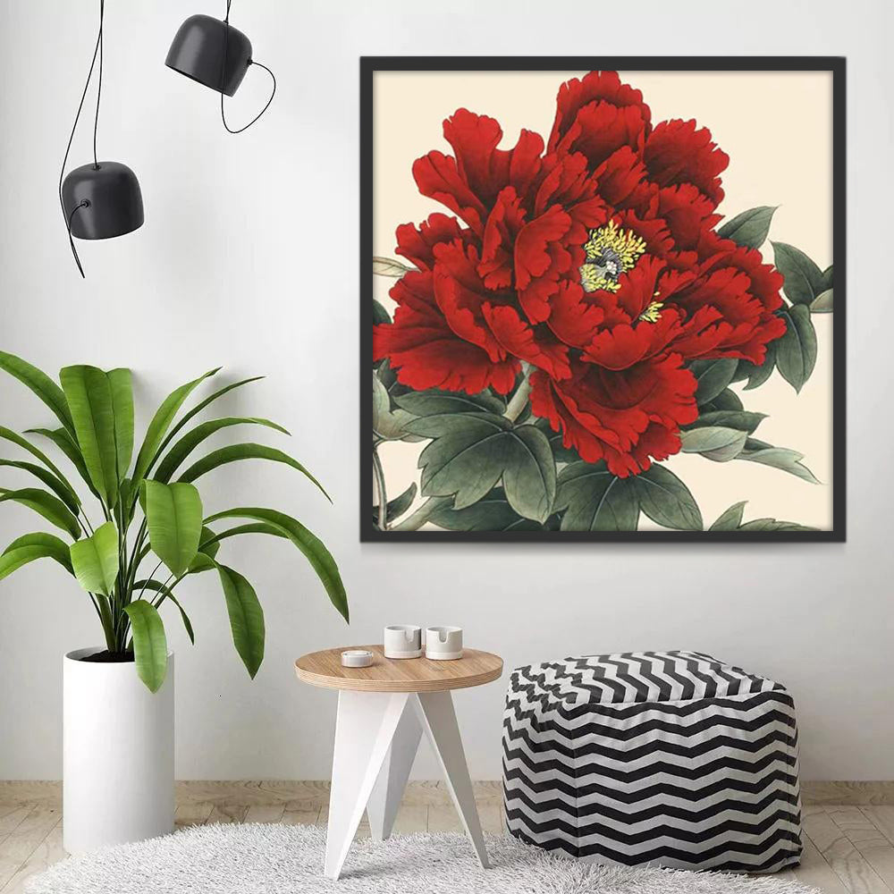 Una Peonía Floreciente de Pétalos Rojos con Hojas Verdes Pintar por Números