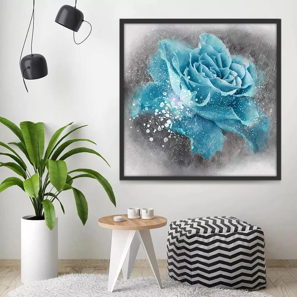 Una Rosa de Color Azul con Gotas de Agua Pintar por Números