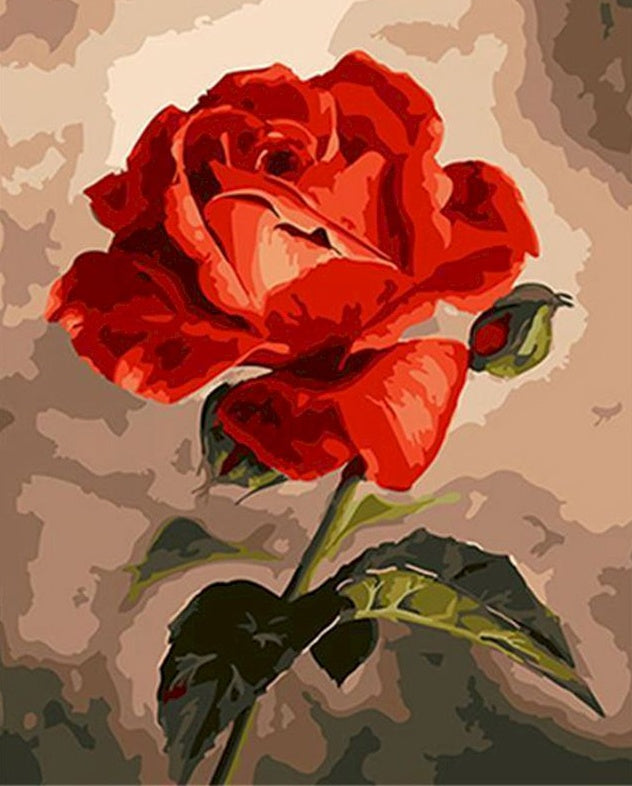 Una Rosa de Color Rojo Brillante con Hojas Verdes Pintar por Números