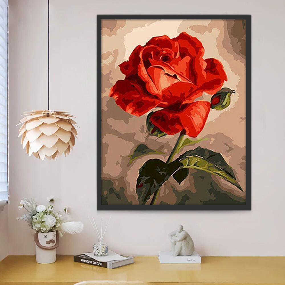 Una Rosa Roja con Hojas Verdes y Capullos Pintar por Números