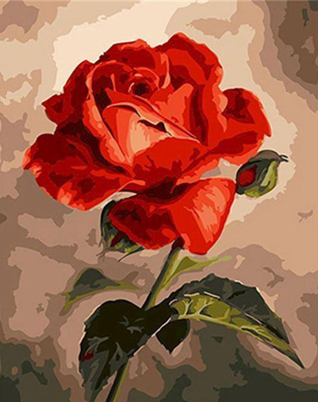 Una Rosa Roja con Hojas Verdes y Capullos Pintar por Números