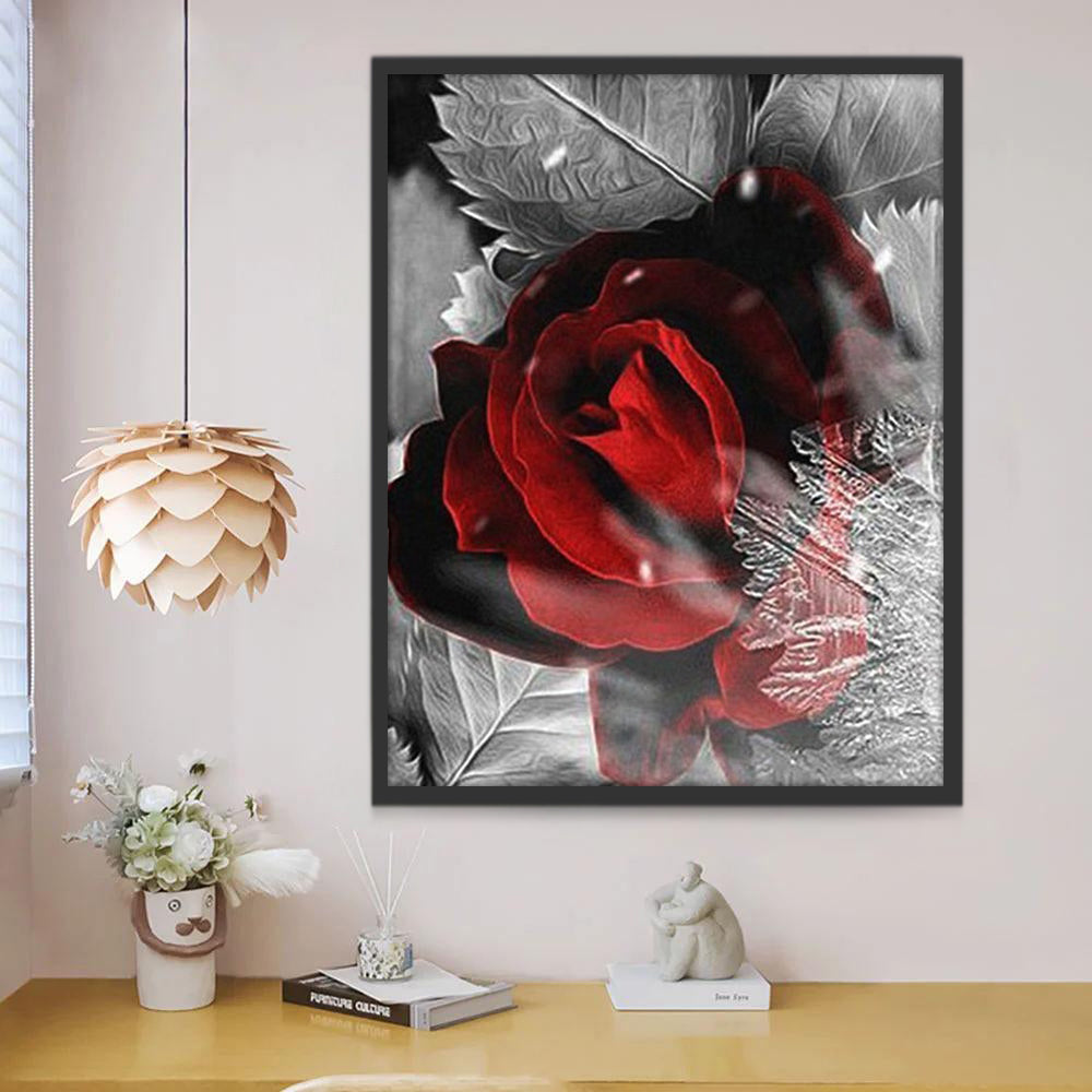 Una Rosa Roja con Hojas y Copo de Nieve Gris Pintar por Números