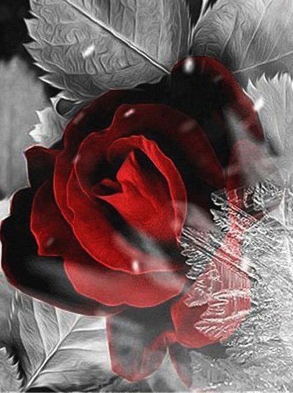 Una Rosa Roja con Hojas y Copo de Nieve Gris Pintar por Números