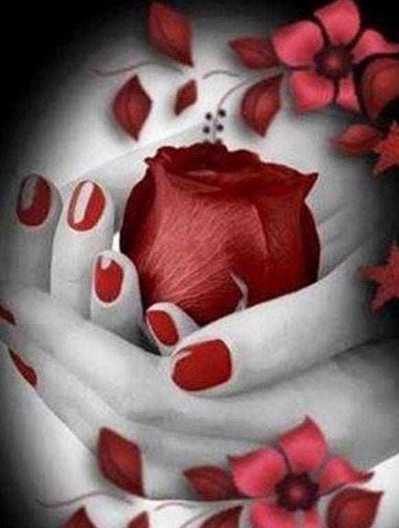 Una Rosa Roja entre las Manos de Uñas Rojas Pintar por Números