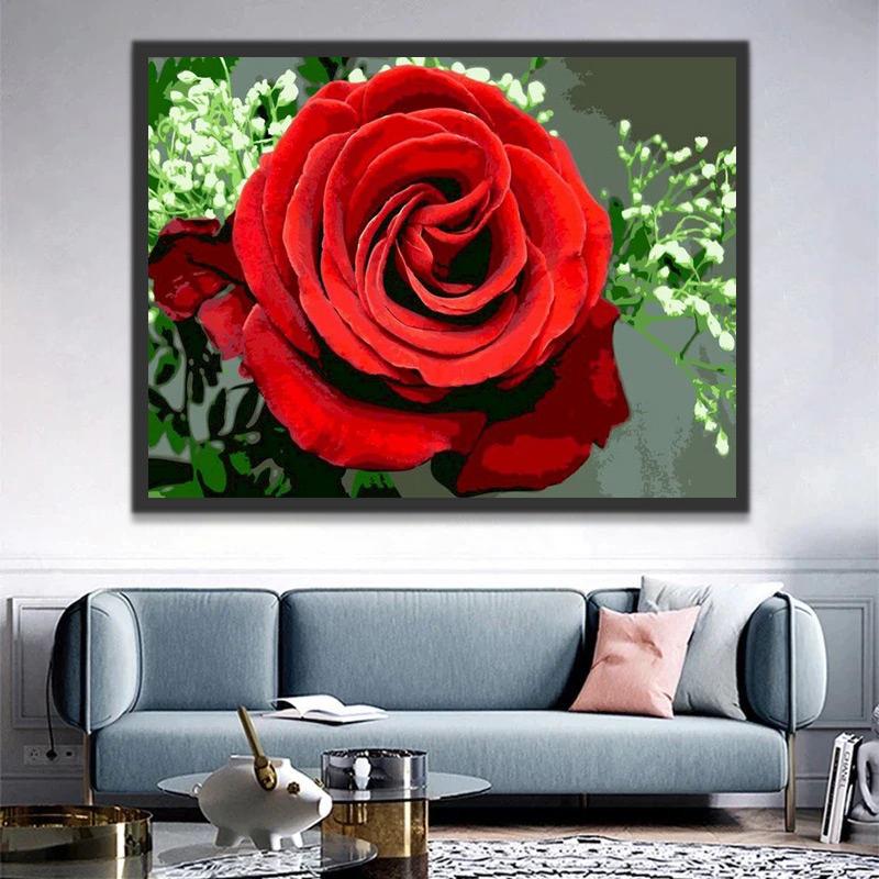 Una Rosa Roja y Flores Blancas Pequeñas en el Fondo Gris Pintar por Números