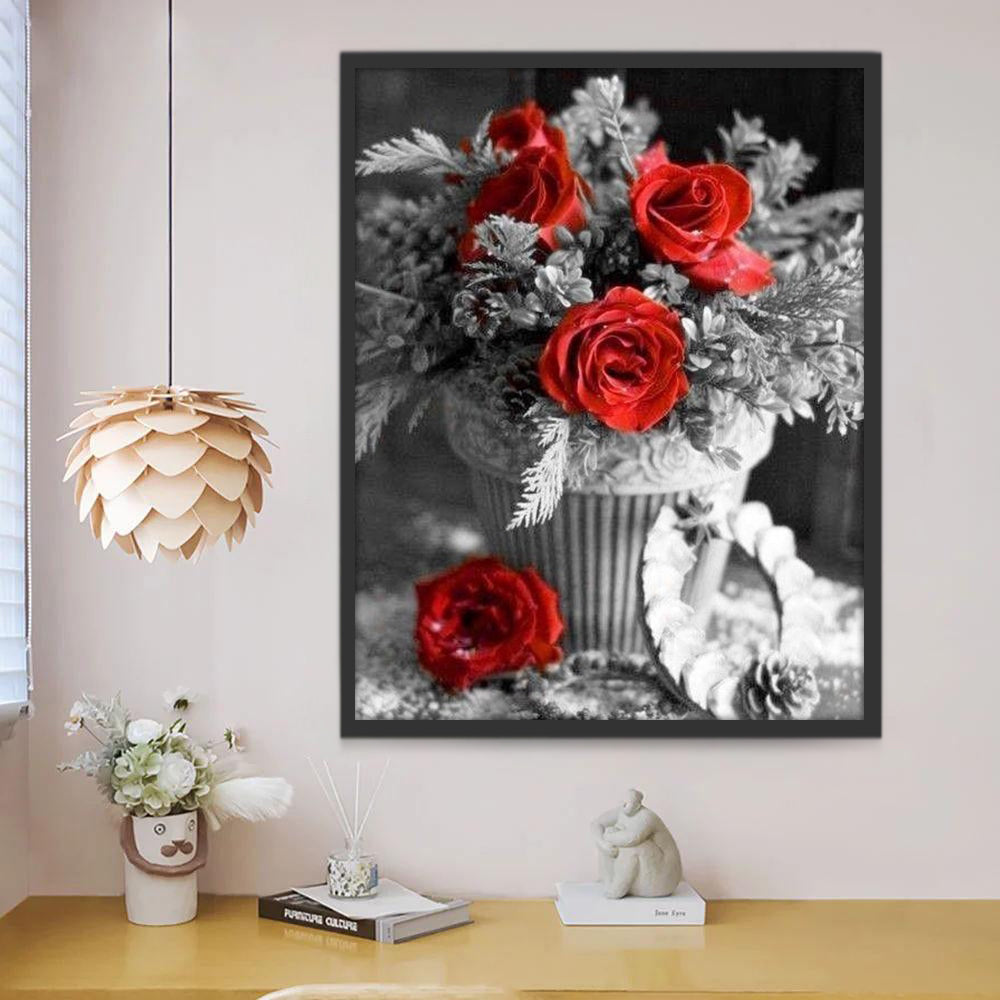 Unas Rosas Rojas entre Ramo de Flores Grises Pintar por Números