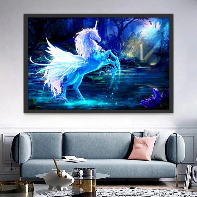 Unicornio Azul de Hielo en Bosque Oscuro Pintar por Números