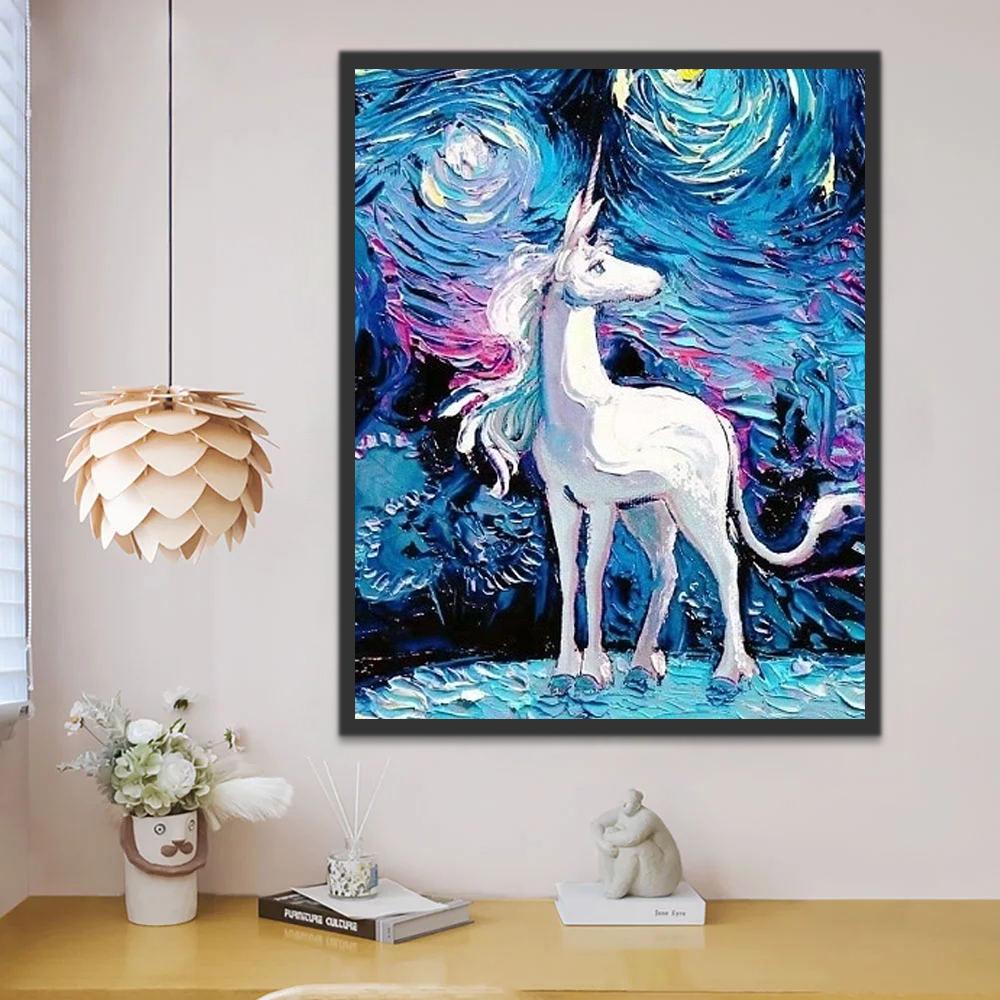 Unicornio Blanco Mirando La Noche Estrellada Pintar por Números Niños