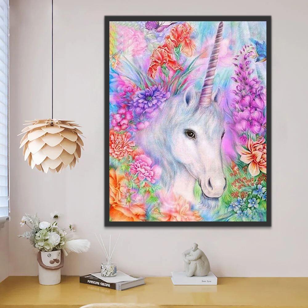 Unicornio Blanco Rodeado de Flores Diversas Pintar por Números Niños