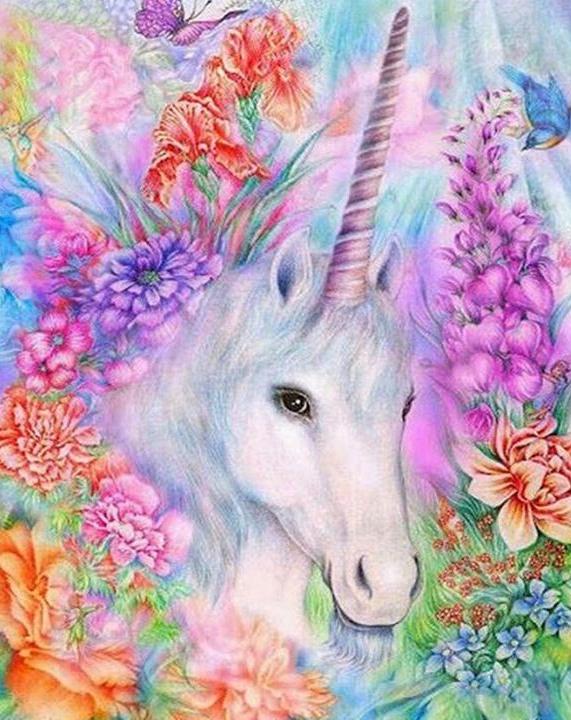 Unicornio Blanco Rodeado de Flores Diversas Pintar por Números Niños