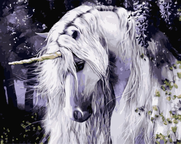 Unicornio Blanco Triste en Bosque Negro Pintar por Números