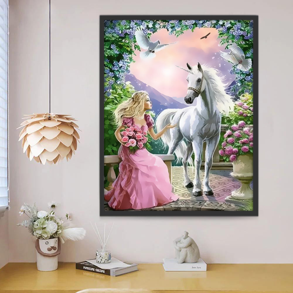 Unicornio Blanco y Princesa de Vestido Rosado Pintar por Números
