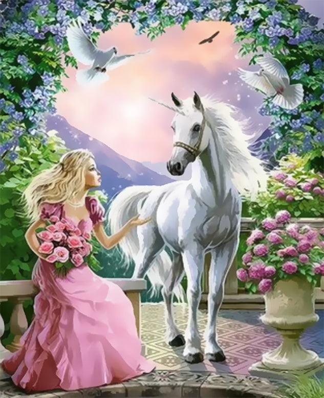 Unicornio Blanco y Princesa de Vestido Rosado Pintar por Números