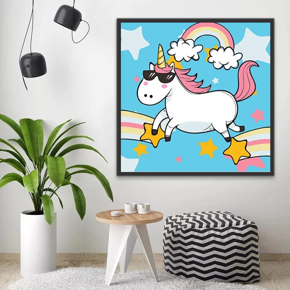 Unicornio con Gafas de Sol Volando en Cielo Azul Pintar por Números Niños