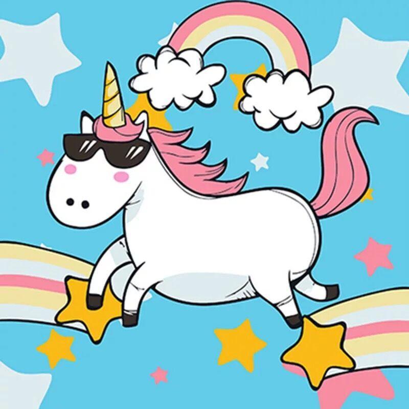 Unicornio con Gafas de Sol Volando en Cielo Azul Pintar por Números Niños