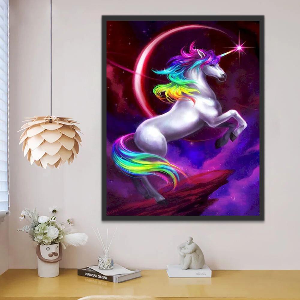 Unicornio con Melena Colorida en la Noche Morada Pintar por Números Niños