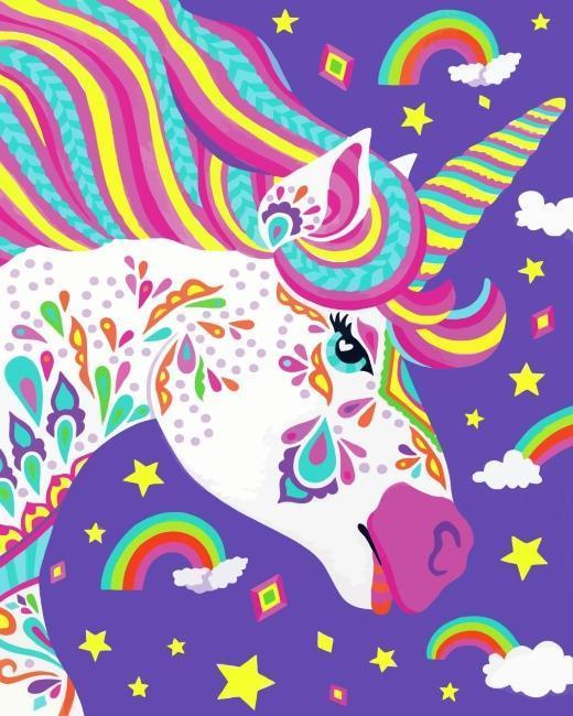 Unicornio con Melena Colorida y Patrones Intrincados Pintar por Números Niños