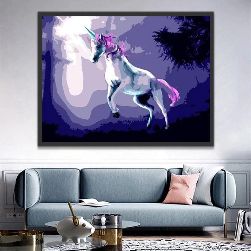 Unicornio con Melena Morada y Cuerno Verde Pintar por Números