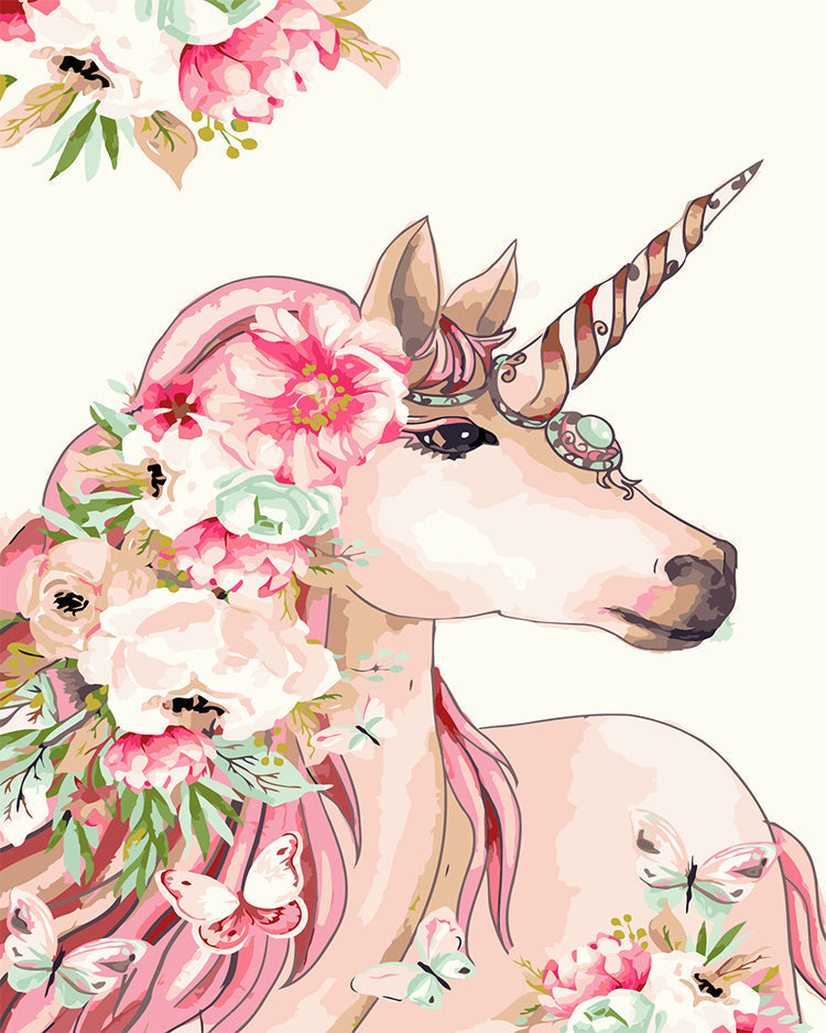 Unicornio con Melena Rosada y Flores Pintar por Números