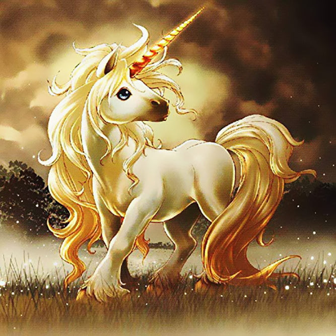 Unicornio Dorado Mirando Detrás en el Césped Pintar por Números
