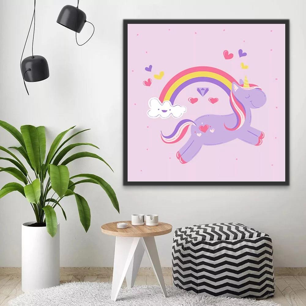 Unicornio Morado y Arco Iris y Corazones Pintar por Números Niños