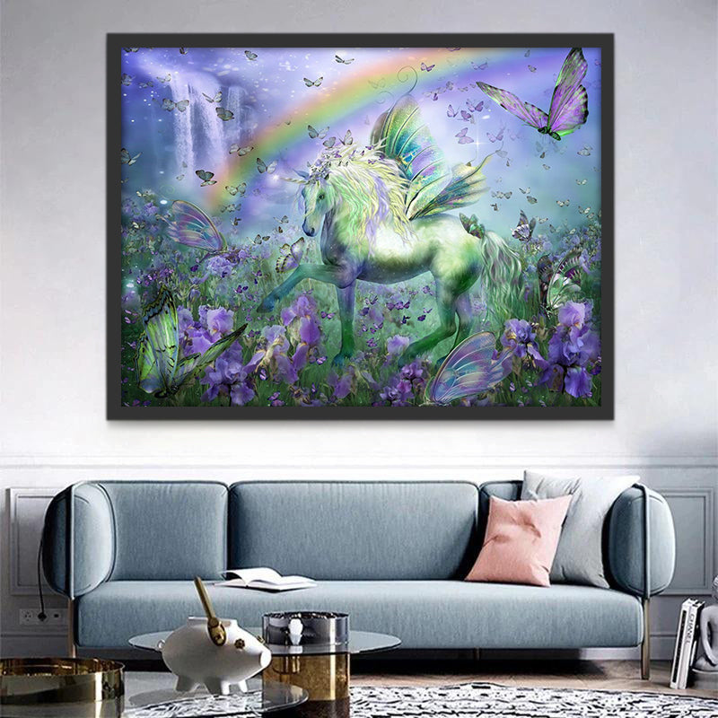 Unicornio Verde y Arco Iris y las Flores Moradas Pintar por Números