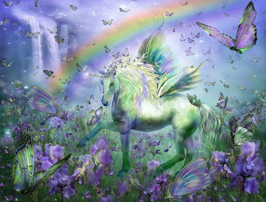 Unicornio Verde y Arco Iris y las Flores Moradas Pintar por Números
