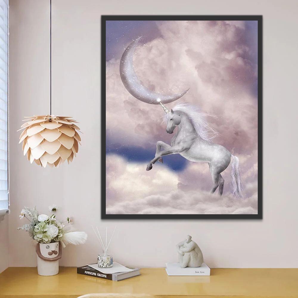 Unicornio y la Luna entre Nubes Blancas Pintar por Números Niños