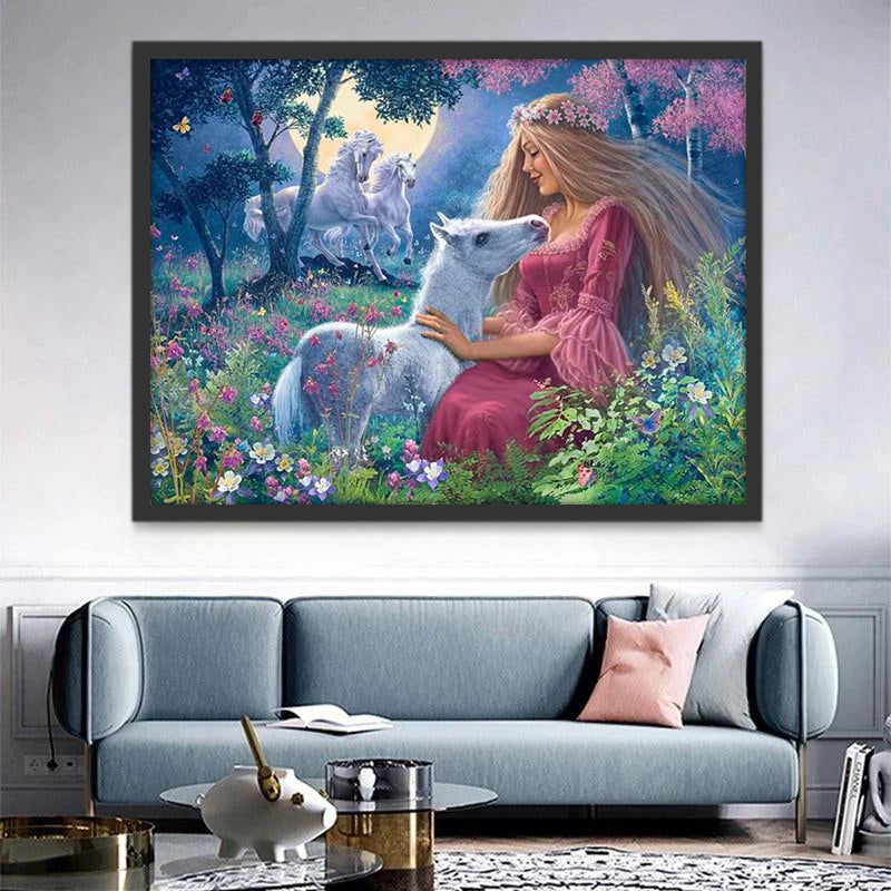Unicornio y Princesa en Prado de Flores Pintar por Números