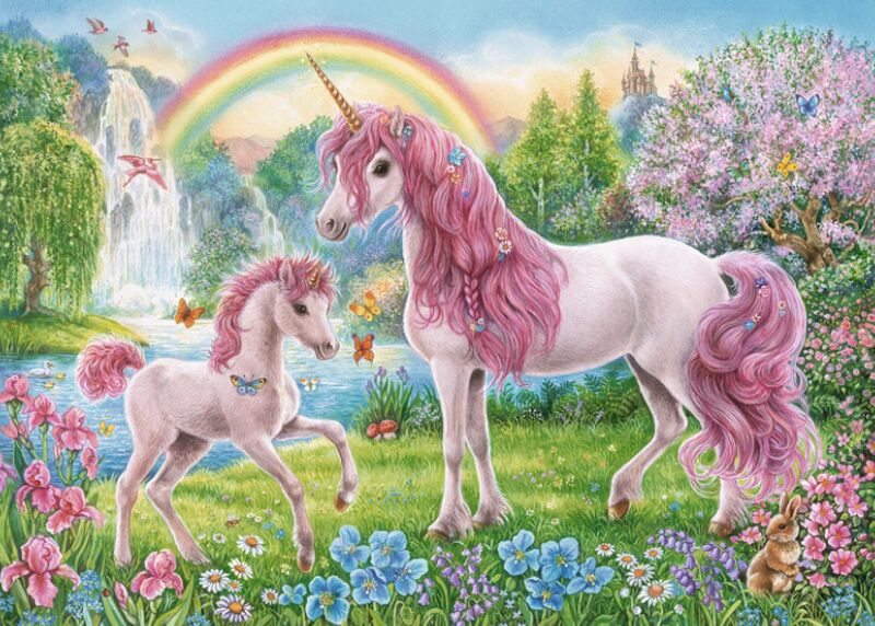 Unicornios y Arco Iris en Prado de Flores Pintar por Números