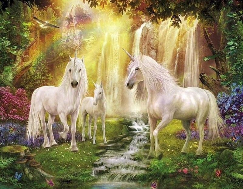 Unicornios y Arroyo y Cascada en Bosque Pintar por Números