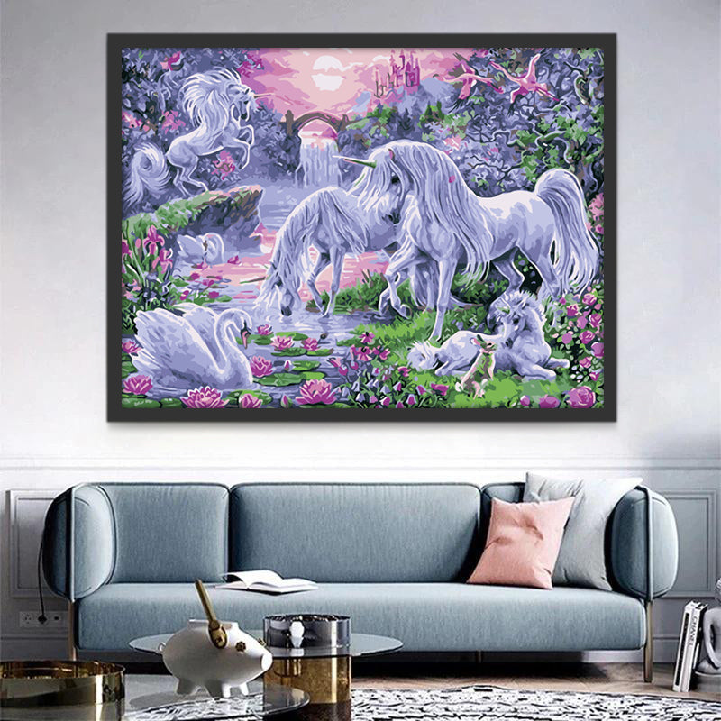 Unicornios y Cisne y Arroyo en Bosque Pintar por Números