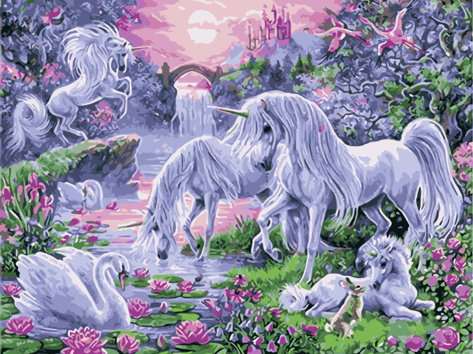 Unicornios y Cisne y Arroyo en Bosque Pintar por Números