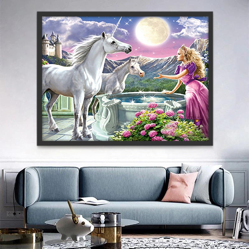 Unicornios y Princesa al Lado de Fuente Pintar por Números